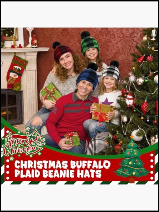 Buffalo Plaid Cuff Beanie Hat Thick Chunky Knit Pom Pom Beanie